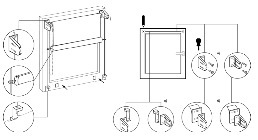 Установка рулонных штор. Схема монтажа рулонных штор на пластиковые окна. Схема сборки крепления на рулонные шторы. Схема установки рулонных штор на пластиковые окна без сверления. Инструкция крепления мини Рулонки.